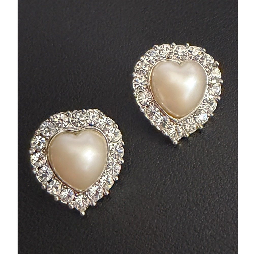 Rhinestone Earrings Heart Silver Tone Simulated Pearl Romantic